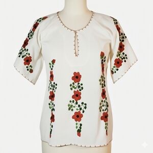 Handmade Size XS/S Tunic Top Floral Embroidered Cruell Beige Red Orange Western